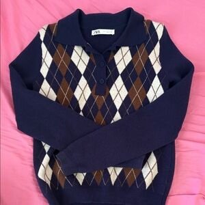 Zara Navy and Brown Argyle Sweater for Women